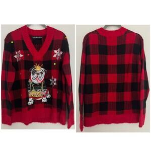 United States Sweaters Plaid Christmas Holiday Plaid Bulldog Bling Sweater